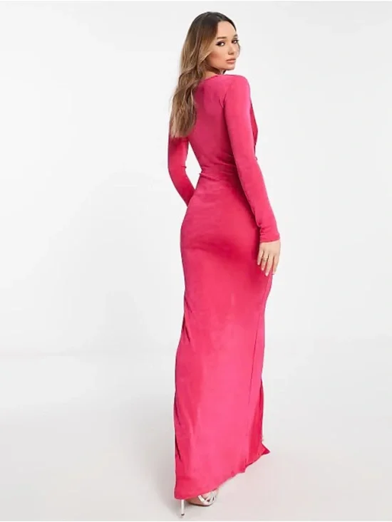 Mango Pink Deep V Twist Front Maxi Long Sleeve Bodycon Slit Dress - Picture 3 of 8